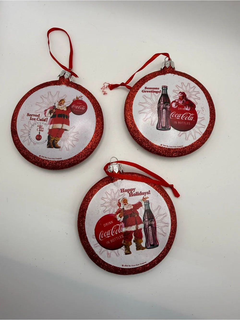 Coca Cola Red Glitter Disc Santa Holiday Ornament Set